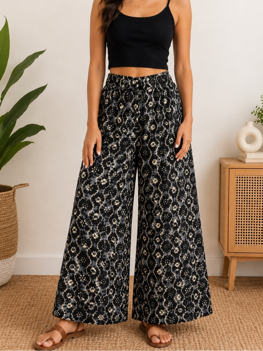 Rangmanch Printed Wide Leg Palazzo Pants Boho Cotton Black Cream Size L/XL